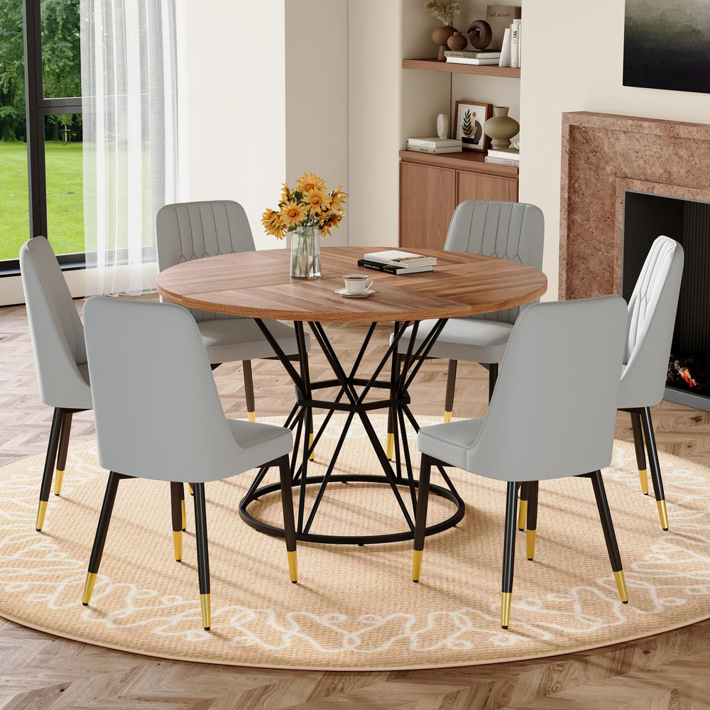English Elm Table Set Oval Tempered Glass Top with Six Brown Fabric Chairs for Modern Dining W1151S04840