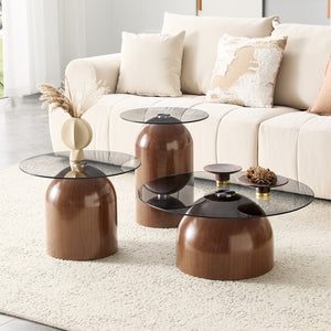 English Elm Nesting Coffee Tables Set of 3 Round Tempered Glass Tops Walnut Steel Base Living Room W2920S00149