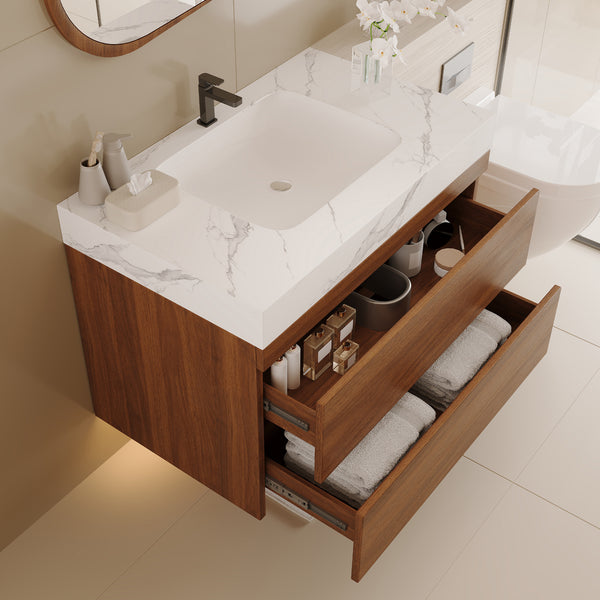 English Elm 29.9" Floating Bathroom Vanity Sintered Stone Top Soft Close Drawers Bronze Gold Hardware W3136S00041