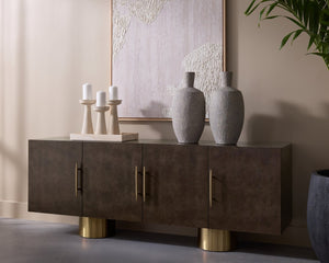 Sunpan KRESTEVEN Sideboard: Modern Luxury with Maple Burl Veneer & Gold Accents for Elegant Storage Solutions 112129