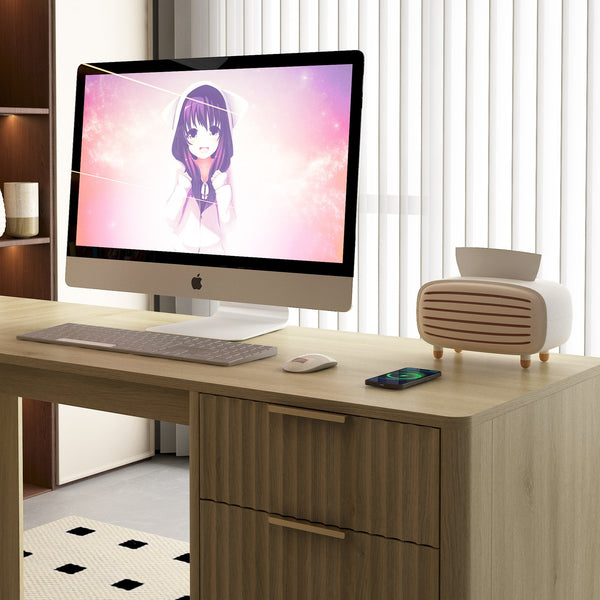English Elm L Shaped Corner Desk with Storage Cabinet and Built in Charging Station for Home Office W1321S00038