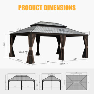 English Elm 14x20FT Hardtop Gazebo with Galvanized Double Roof, Aluminum Frame, Drainage System, Curtains & Netting Brown W1859S00098