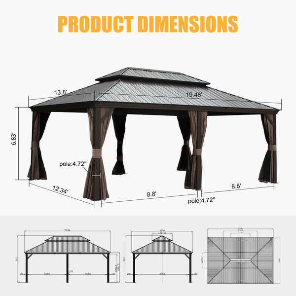 English Elm 14x20FT Hardtop Gazebo with Galvanized Double Roof, Aluminum Frame, Drainage System, Curtains & Netting Brown W1859S00098