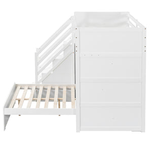 English Elm Twin Over Full Bunk Bed with Wardrobe Storage Stairs Shelves and Usb Charging White LT000292AAK