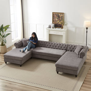 English Elm 135.5-inch Modern Chenille U-Shaped Sectional Sofa with Dual Chaise, Pull-Point Detail, Pillows, Wooden Legs Grey W1926S00047