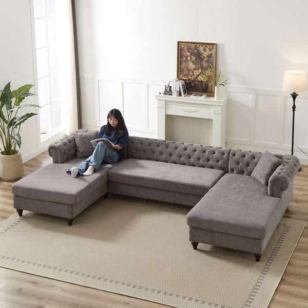 English Elm 135.5-inch Modern Chenille U-Shaped Sectional Sofa with Dual Chaise, Pull-Point Detail, Pillows, Wooden Legs Grey W1926S00047