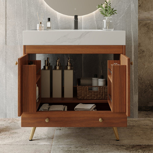 English Elm Mid-century Freestanding Bathroom Vanity with Marble Stone Top Gold Legs Storage W3136S00066