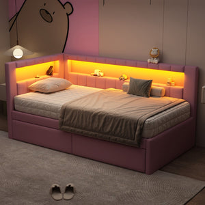 English Elm Upholstered Twin Platform Bed with USB Ports, LED Light Belt, Linen Backrest & 2 Storage Drawers Pink DL001926AAH