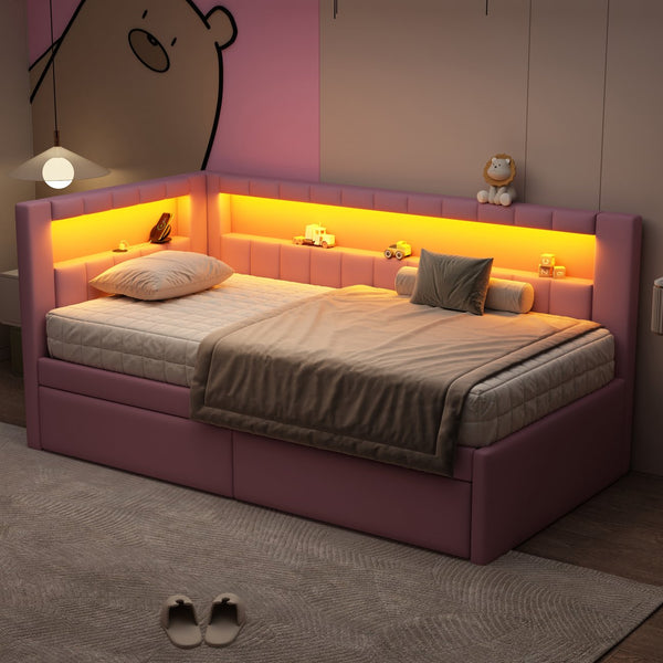 English Elm Upholstered Twin Platform Bed with USB Ports, LED Light Belt, Linen Backrest & 2 Storage Drawers Pink DL001926AAH