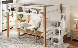 English Elm Twin Pine Wood Loft Bed with Built-in Shelving and Hook for Kids Bedroom W5305S00011