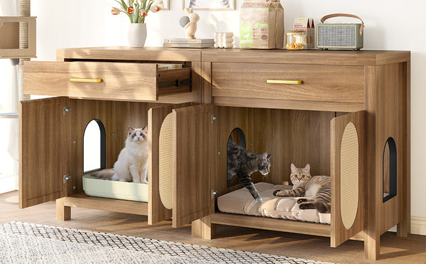 English Elm Cat Litter Box Cabinet with Sisal Doors Storage Drawer and Nightstand Surface N704P379111P