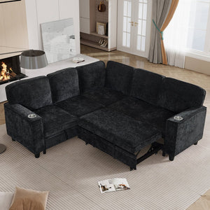 English Elm L-shaped Chenille Sectional Sleeper Sofa with Storage and Usb Charging Ports Charcoal Grey W1998S00088