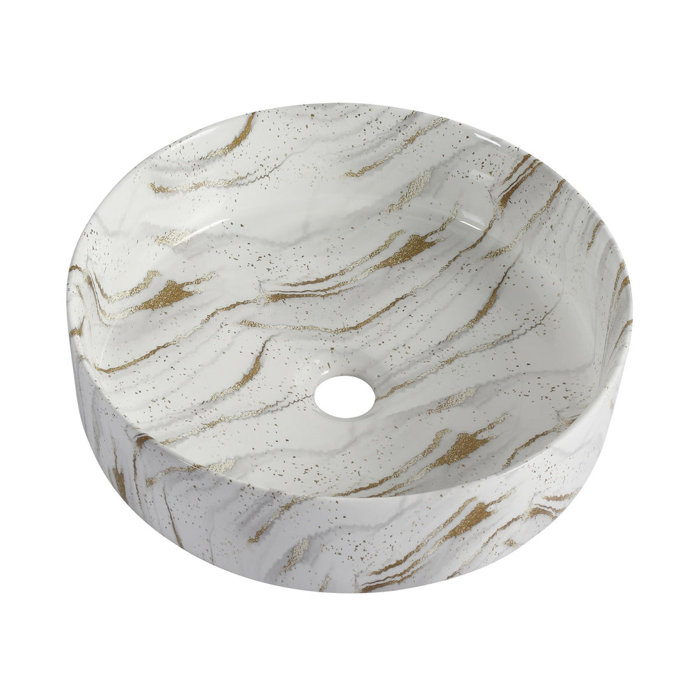 English Elm Ceramic Art Vessel Sink Above Counter – Elegant Gold Line Pattern, Durable Glaze, Easy-Clean Finish White+Gold W999P346769