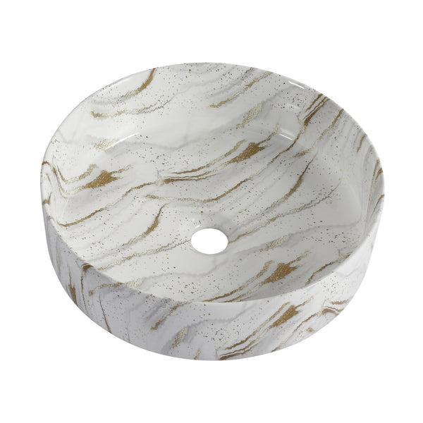 English Elm Ceramic Art Vessel Sink Above Counter – Elegant Gold Line Pattern, Durable Glaze, Easy-Clean Finish White+Gold W999P346769