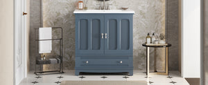 English Elm 30" Modern Bathroom Vanity with Ceramic Sink, Solid Wood Frame, Soft-Close Drawer & Adjustable Shelf Blue N710P293306C