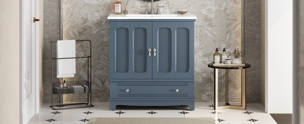 English Elm 30" Modern Bathroom Vanity with Ceramic Sink, Solid Wood Frame, Soft-Close Drawer & Adjustable Shelf Blue N710P293306C