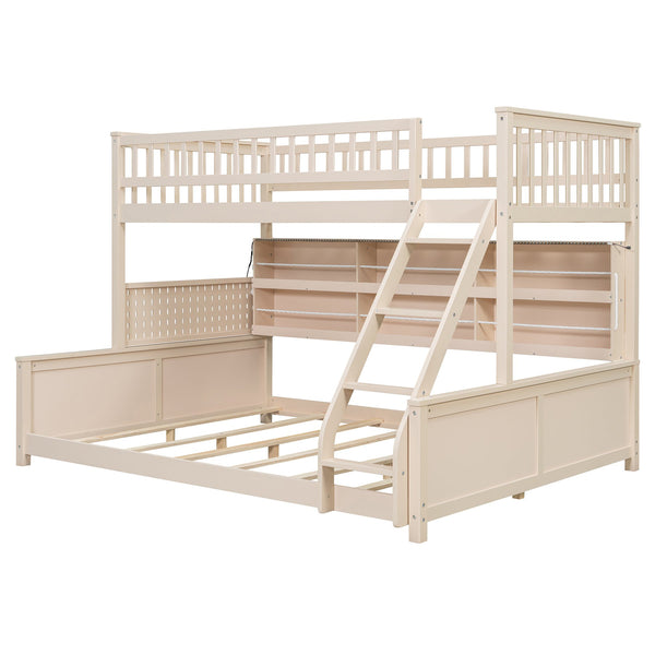 English Elm Twin Xl Over Queen Bunk Bed with Led Lighting Shelving and Pegboard Pinewood Frame Beige LT000280AAA