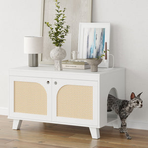 English Elm Flip Top Hidden Cat Litter Box Enclosure with Rattan Doors, Flip-Top Access, Odor Control, Stylish Table Ready White T3623P354972