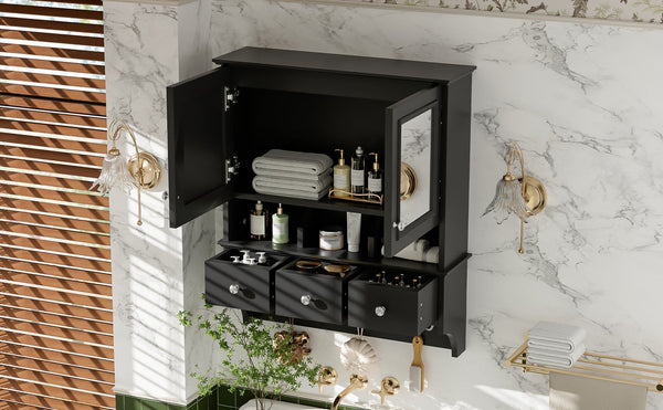 English Elm 4-in-1 Wall Mounted Bathroom Cabinet with Mirror Drawers and Towel Hooks Vanity Black N710P405416B