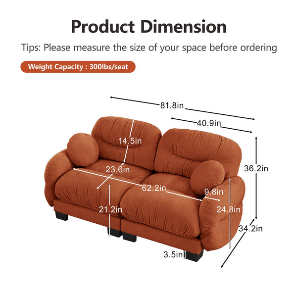 English Elm Pleated Chenille Two Seater Modular Sofa with Curved Armrests and Ergonomic Foam Cushions Orange W5656S00064