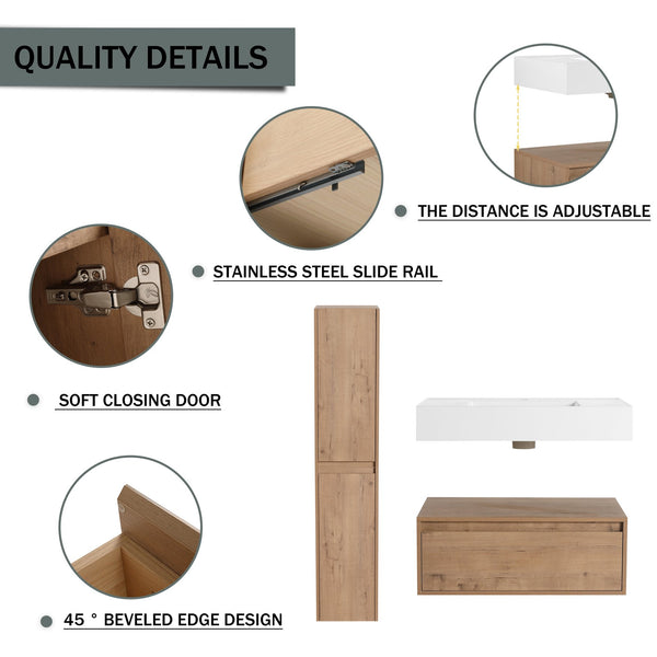 English Elm 30 Inch Wall-Mounted Bathroom Vanity Set With Resin Sink, Soft-Close Drawers & Storage Cabinets W999S00268
