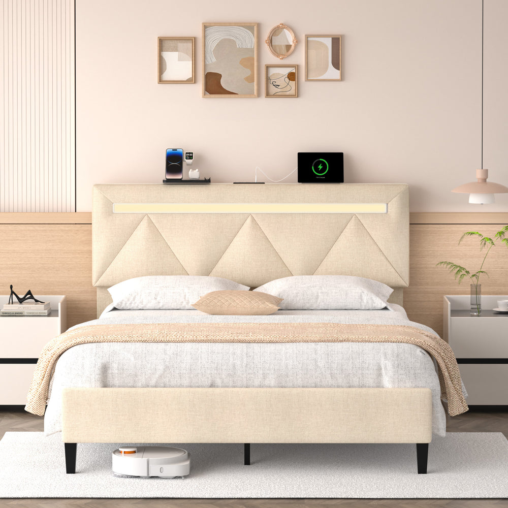 English Elm Full Bed Frame With Headboard - Upholstered Platform Bed With Charging Station & Led Lights, Easy Setup T3825P365232