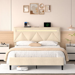 English Elm Full Bed Frame With Headboard - Upholstered Platform Bed With Charging Station & Led Lights, Easy Setup T3825P365232