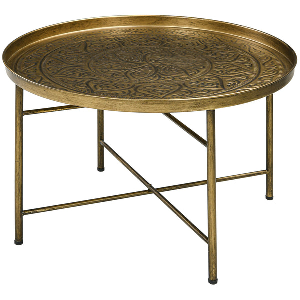 English Elm HOMCOM Vintage 24" Round Coffee Table with Hammered Floral Tray Top, Gold Metal Frame, Stable Chic W2225P200420