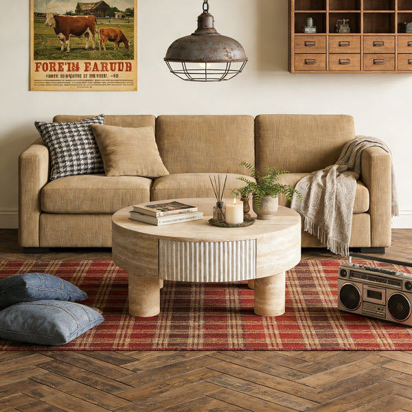 English Elm Round Fluted Coffee Table with Flip Top Hidden Storage Drawers for Small Living Rooms W3040P428644