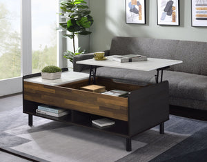 English Elm Axel Faux Marble Walnut Coffee Table with Lift-Top, Storage Drawers & Open Shelves, Modern KD Design B2726P251672