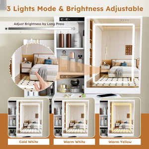 English Elm Modern Makeup Vanity Desk with Led Lighting Four Drawers Mirror and Built-in Power Outlet White W509P465830