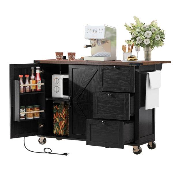 English Elm K&K 54.5" Farmhouse Kitchen Island with Drop Leaf, Built-In Power Station, Rolling Storage Cart Black N707P170349B