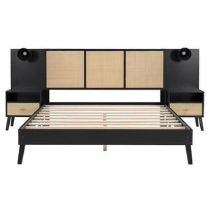 English Elm Queen Solid Wood Bed Frame With 2 Nightstands, Rattan Accents, Built-In Lamps For Cozy Bedrooms N820S00019AAB-GIGA
