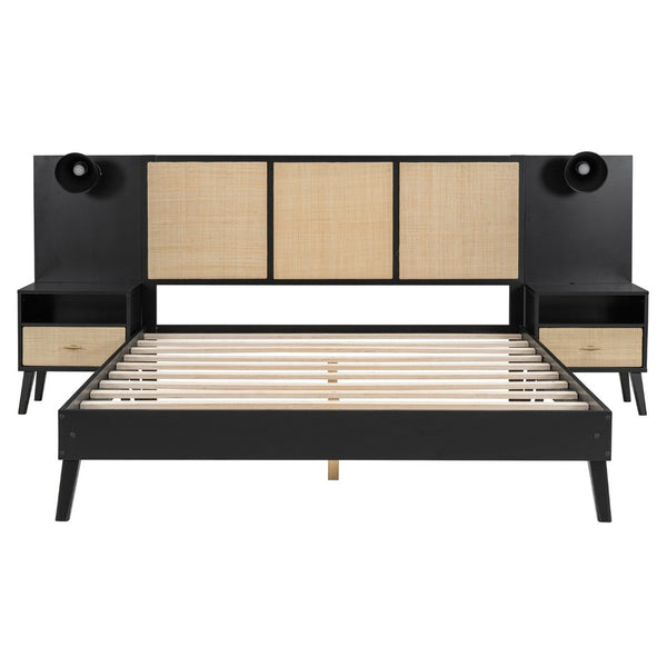 English Elm Queen Solid Wood Bed Frame With 2 Nightstands, Rattan Accents, Built-In Lamps For Cozy Bedrooms N820S00019AAB-GIGA