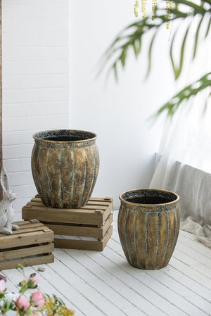 English Elm Set of 2 Distressed Iron Planters with Golden Patina for Indoor Outdoor Decor W2078P498286