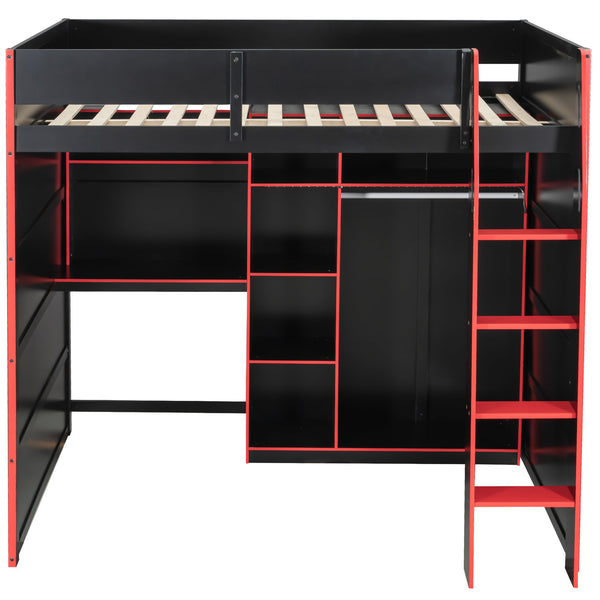 English Elm Full Size Loft Bed with Rgb Lighting Desk Open Wardrobe and Storage for Gaming Rooms Red LT000277AAR