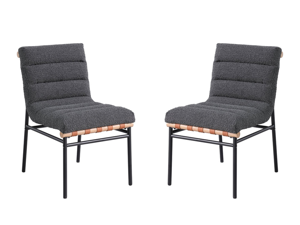 English Elm Lahni Boucle Upholstered Dining Chair Set with Cognac Accents and Black Iron Legs B061P234545