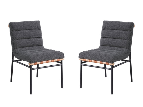 English Elm Lahni Boucle Upholstered Dining Chair Set with Cognac Accents and Black Iron Legs B061P234545
