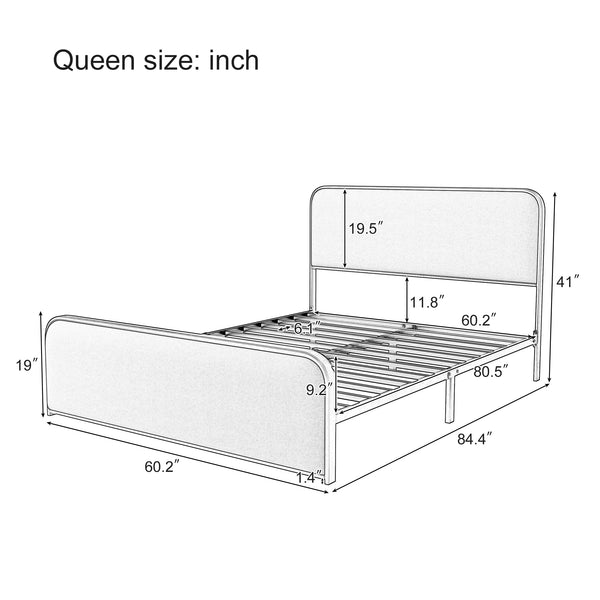 English Elm Gold Toned Queen Platform Bed Beige Linen Curved Headboard Footboard Under Storage N701P229014C