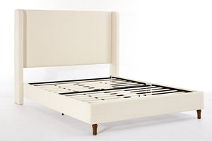 English Elm Harper Wingback King Bed Ivory Boucle Upholstery Walnut Legs Elegant Master Bedroom B191P458351