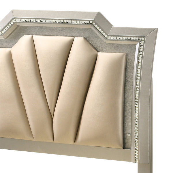 English Elm Kaitlyn Queen Bed with LED & Hidden Storage Drawers, Padded Tufted PU Headboard, Glam Wood Trim Champagne 28 L x 21 W x 18 H B2726S00314