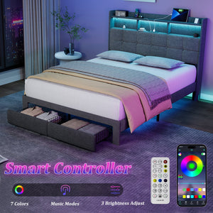 English Elm Queen LED Linen Platform Bed with USB-C/A Charging, 2 Drawers, Memory Foam Headboard, Light Gray W1550P190365