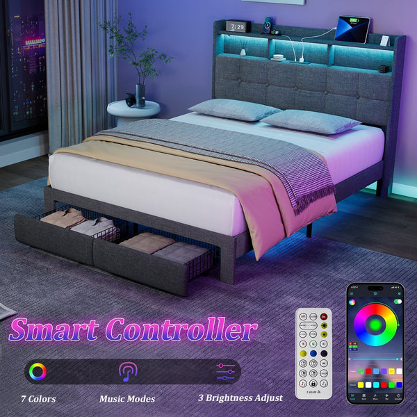 English Elm Queen LED Linen Platform Bed with USB-C/A Charging, 2 Drawers, Memory Foam Headboard, Light Gray W1550P190365