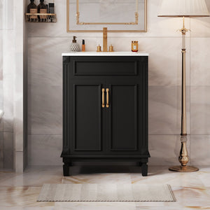 English Elm 24'' Bathroom Vanity with Sink - Solid Wood Frame, Glossy Ceramic Basin, Soft-Close Doors & Ample Storage Elegant Modern Design, Durable MDF Construction, Retro Metal Handles, Compact 24-inch Cabinet Black N710P317675B