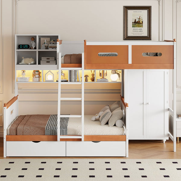 English Elm Twin Over Full Wooden Bunk Bed With Stylish Storage, Led Light, Drawers, And Wardrobe In White & Orange N820S00063K-GIGA