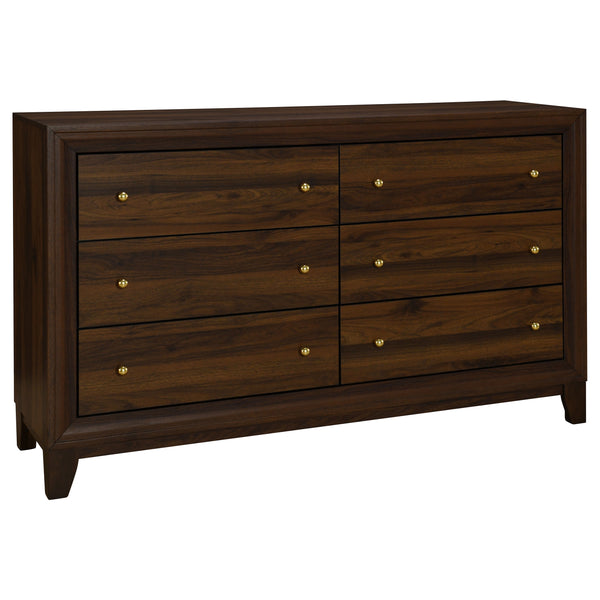 English Elm Anza Queen Bedroom Set with Taupe Upholstered Headboard and Walnut Finish Storage B062S01690