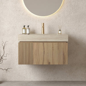 English Elm MURI Luxury Wall-Mounted 30" Bathroom Vanity with Sintered Stone Countertop and Ceramic Basin, Plywood Cabinet Beige,White Oak W2615S00332