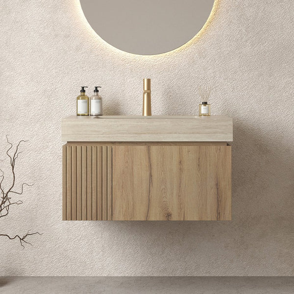 English Elm MURI Luxury Wall-Mounted 30" Bathroom Vanity with Sintered Stone Countertop and Ceramic Basin, Plywood Cabinet Beige,White Oak W2615S00332
