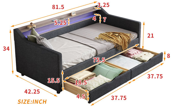 English Elm Twin Size Daybed With Usb Ports, Led Lighting & Storage Drawers For Modern Living Room Decor W2336S00026-GIGA