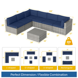 English Elm 7-piece Outdoor Modular Sectional Pe Wicker Patio Set with Tempered Glass Coffee Table Gray+Navy B082S00073